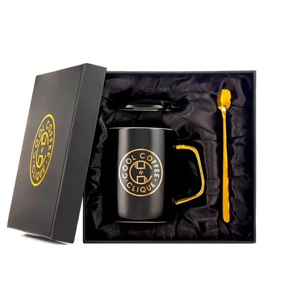 Black & gold luxe cool coffee clique mug with gold stirring spoon & lid - Picture 3 of 5